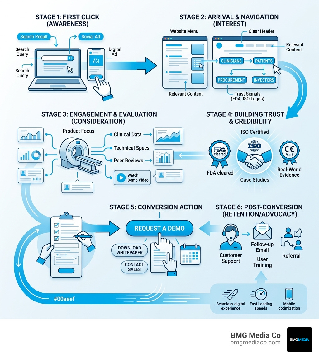 MedTech user journey from first click to conversion infographic - medical device website design infographic 