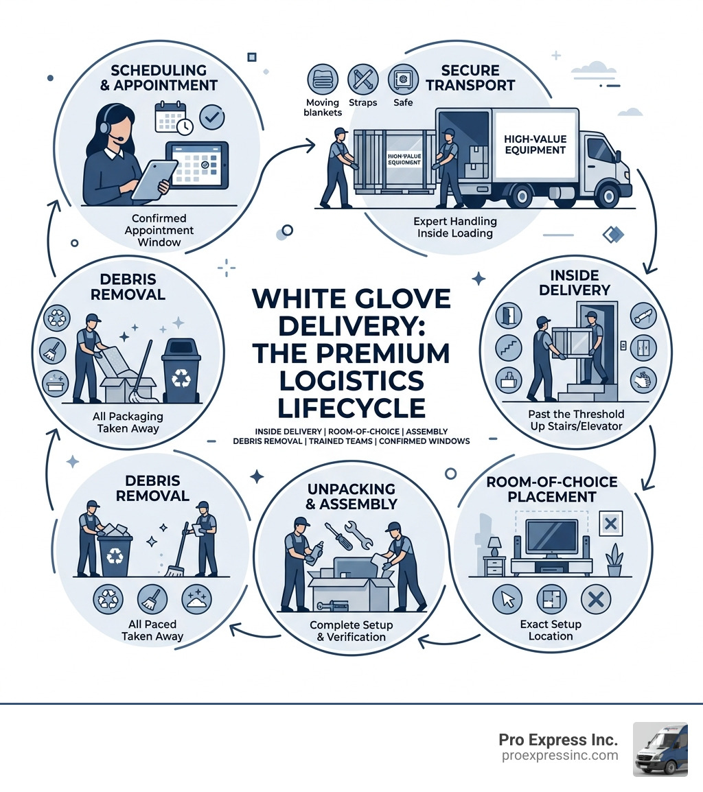 White glove delivery lifecycle from scheduling to setup and debris removal - white glove delivery infographic 