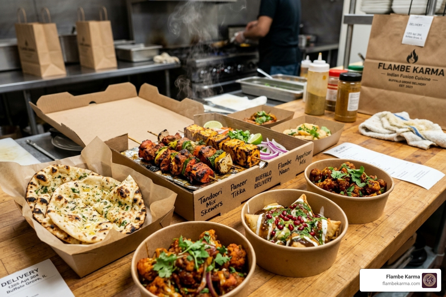 Delicious Flambe Karma fusion dishes ready for delivery - buffalo grove food delivery