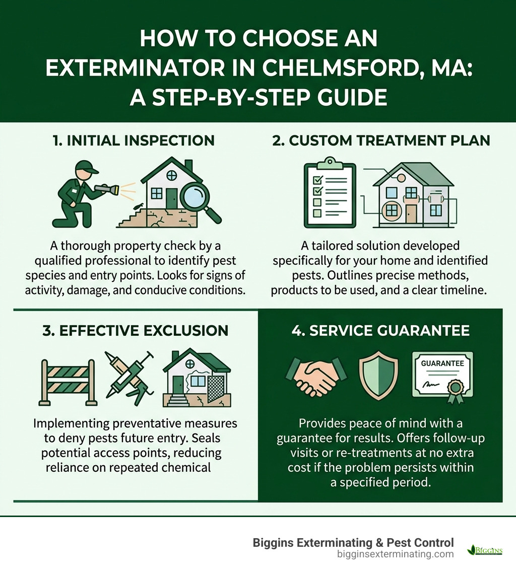 Infographic showing how to choose an exterminator in Chelmsford MA: inspection, treatment plan, exclusion, and guarantee