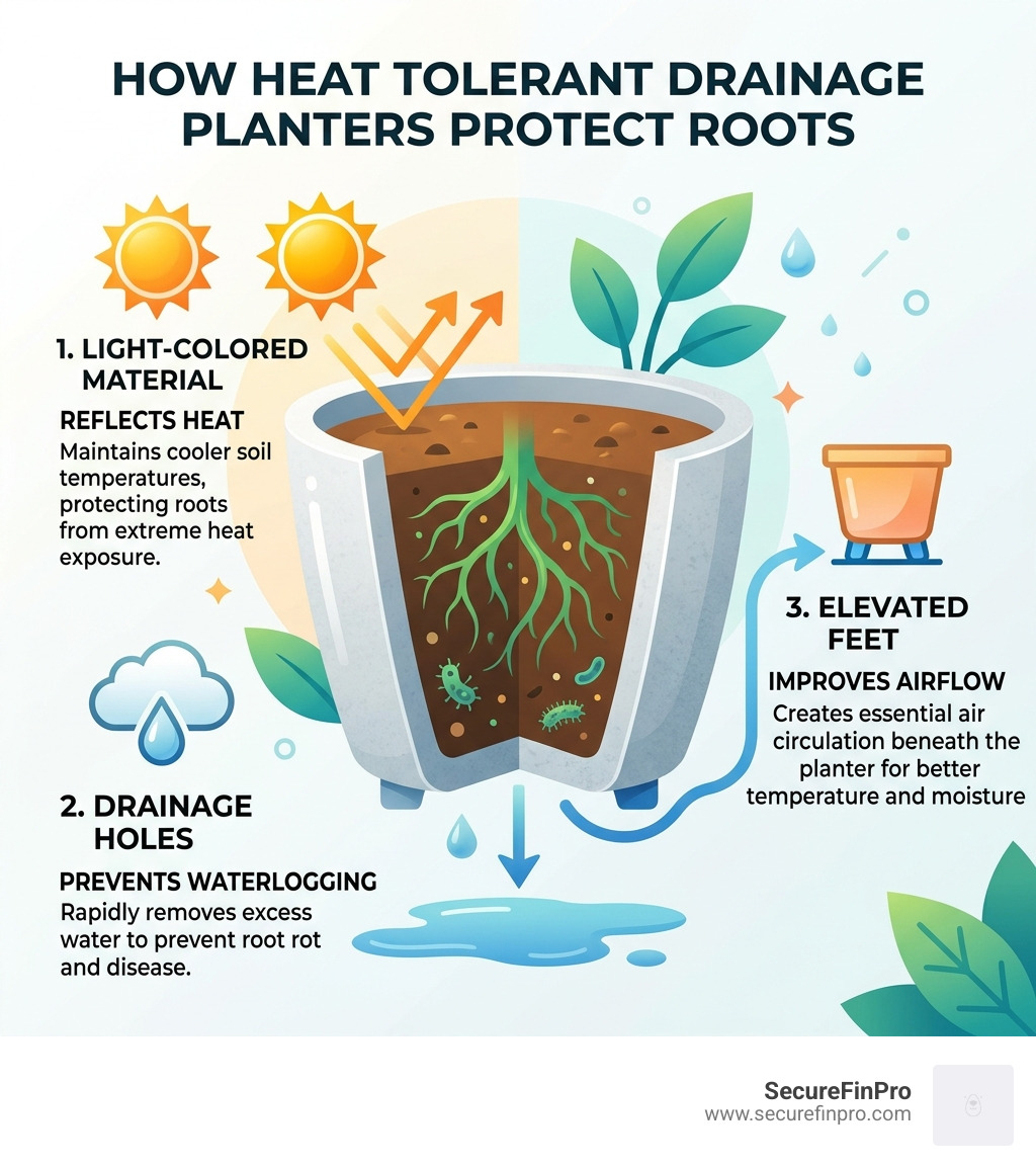 Infographic showing how drainage holes, light-colored materials, and elevated feet protect roots in heat - heat tolerant