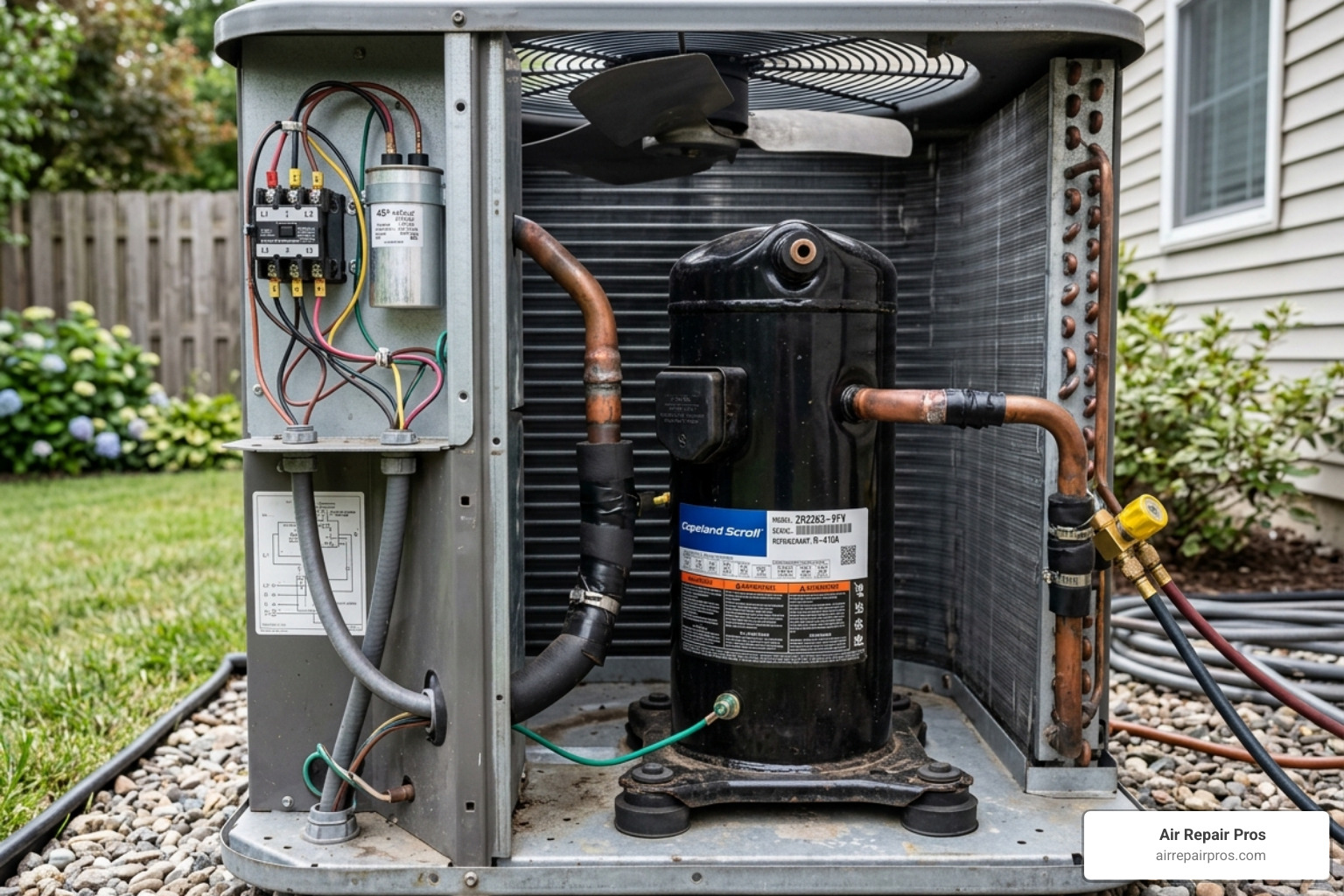 Close up of an AC compressor component inside an outdoor unit - ac compressor failed