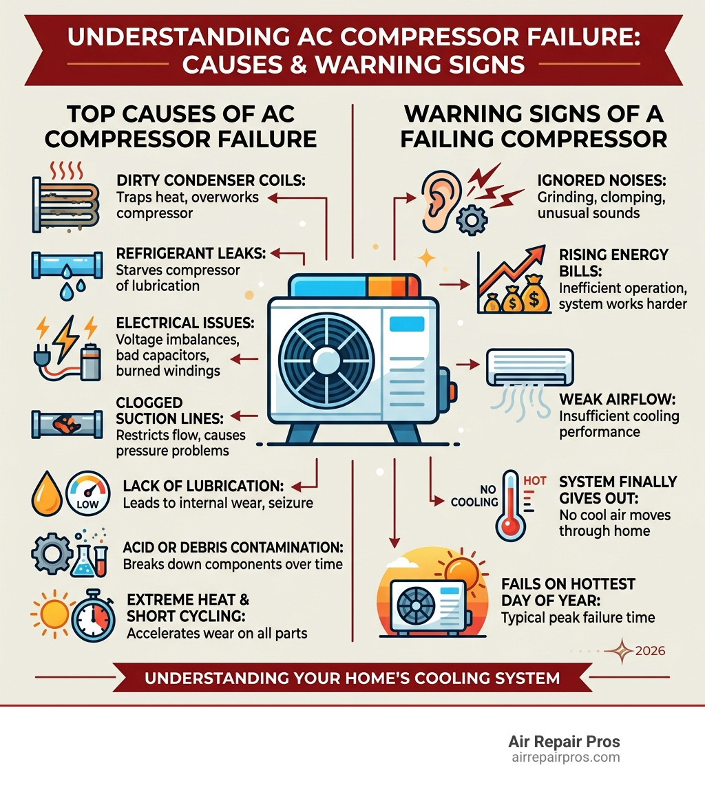 Infographic showing top causes of AC compressor failure and warning signs - ac compressor failed infographic 