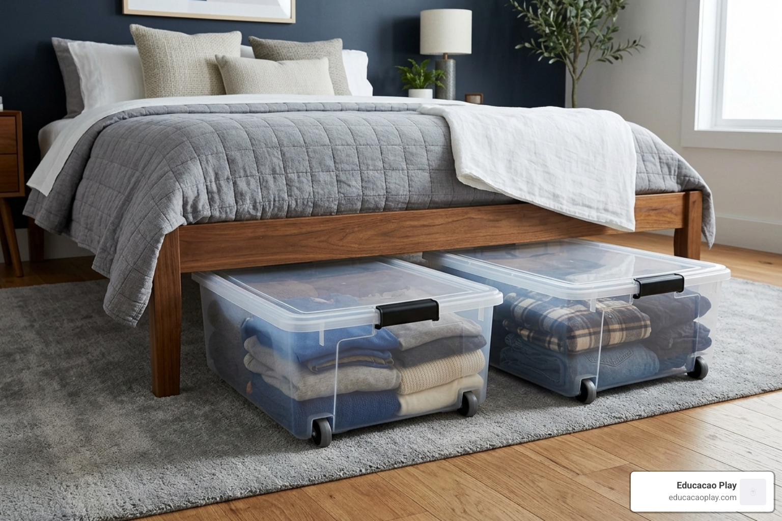 image of under-bed storage bins with wheels and clear lids - clothes space saving ideas