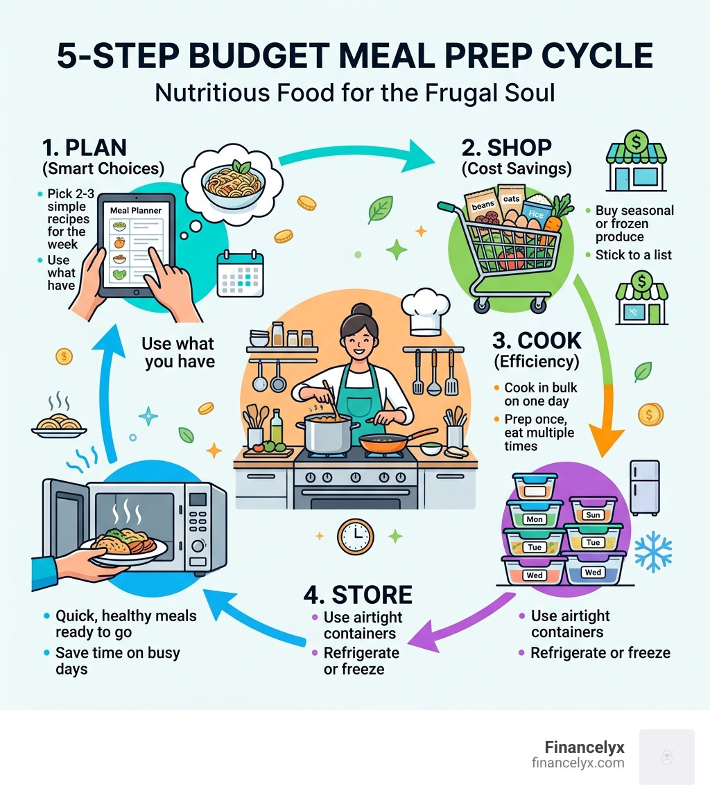 5-step budget meal prep cycle showing planning, shopping, cooking, storing, and reheating - budget friendly healthy meal