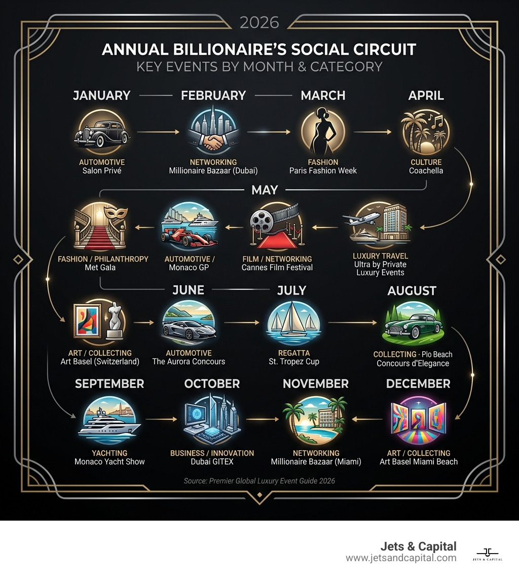 Annual billionaire's social circuit infographic showing key events by month and category - Luxury lifestyle events