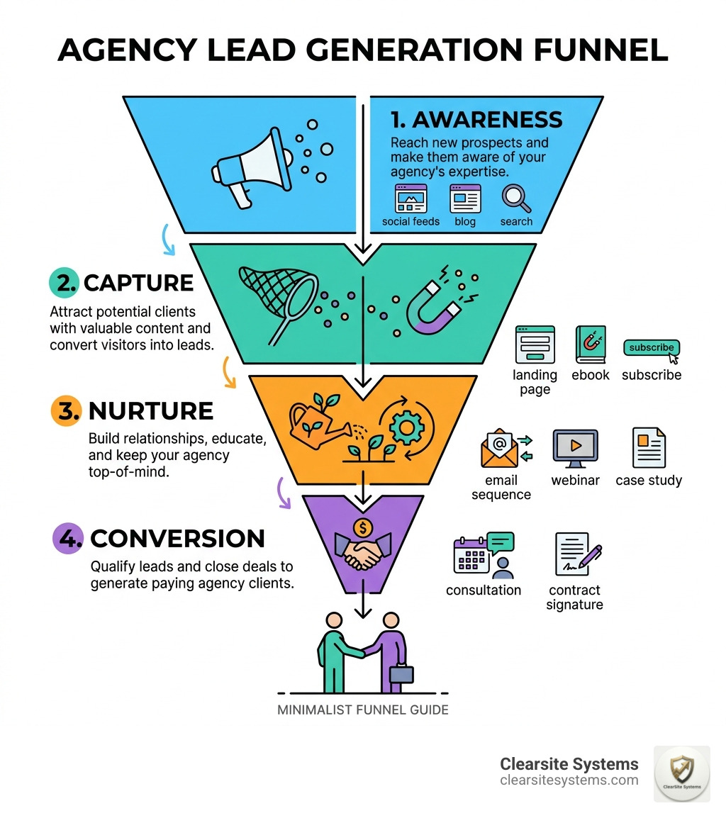 Agency lead generation funnel showing awareness, capture, nurture, and conversion stages - digital marketing agency lead Agency lead generation funnel showing awareness, capture, nurture, and conversion stages - digital marketing agency lead