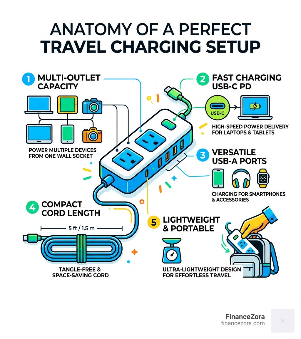 Infographic showing anatomy of a perfect travel charging setup with outlets, USB-A, USB-C PD, cord length, and weight Infographic showing anatomy of a perfect travel charging setup with outlets, USB-A, USB-C PD, cord length, and weight
