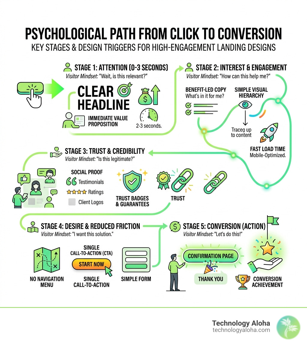 Psychological path from click to conversion on a landing page — key stages and design triggers - high engagement landing