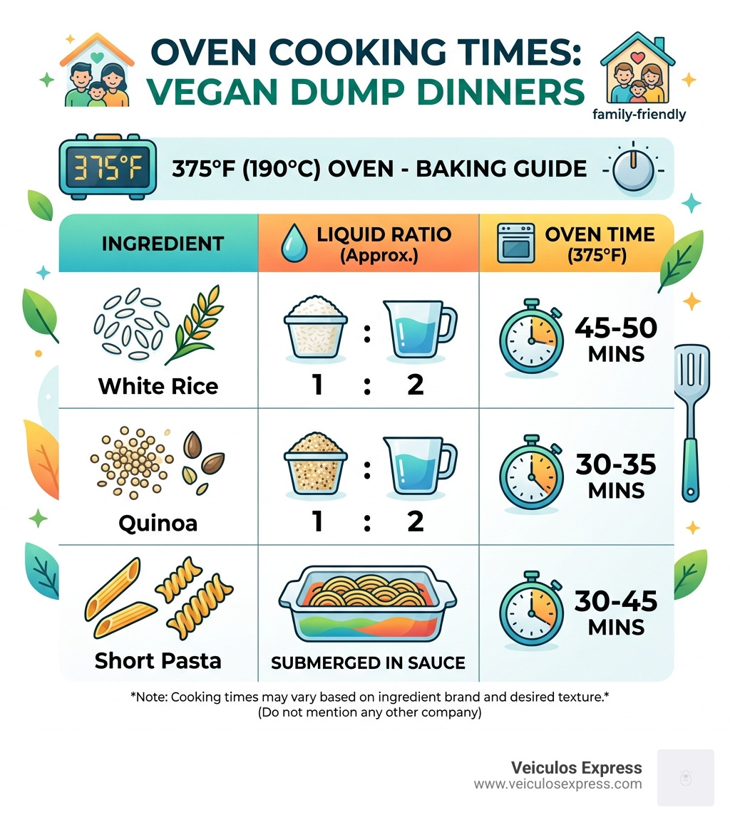 Table comparing cooking times for different grains and proteins in a 375 degree oven - vegan dump dinners infographic 