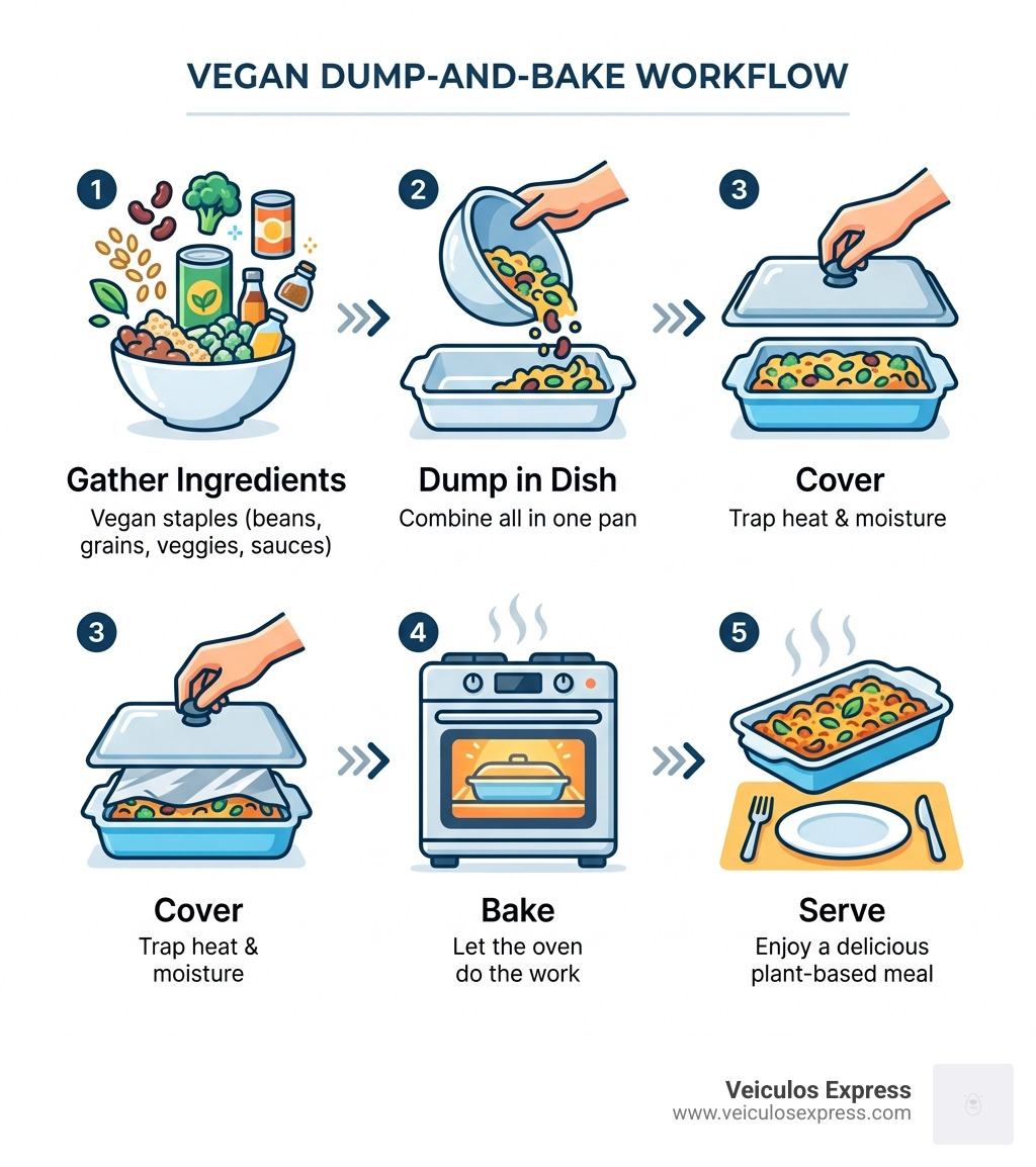 Infographic showing the dump-and-bake workflow: gather ingredients, dump in dish, cover, bake, serve - vegan dump dinners
