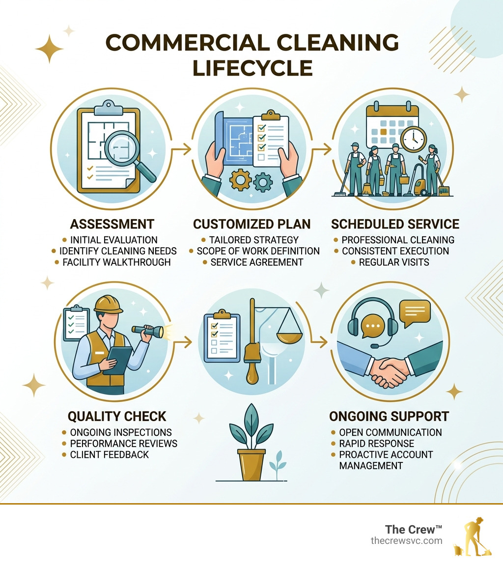 Commercial cleaning lifecycle infographic: assessment, customized plan, scheduled service, quality check, ongoing support