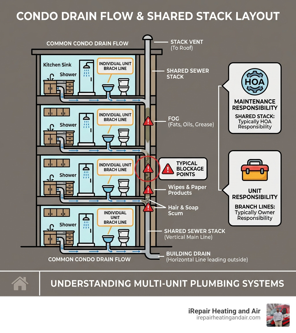 Infographic showing common condo drain flow, shared sewer stack layout, and typical blockage points in multi-unit buildings