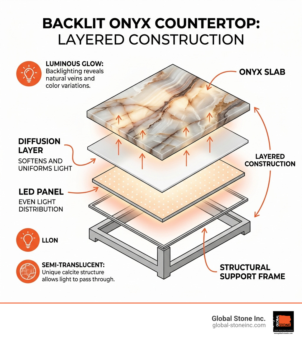 Layered construction diagram of a backlit onyx countertop showing LED panel, diffusion layer, and stone slab - glowing onyx