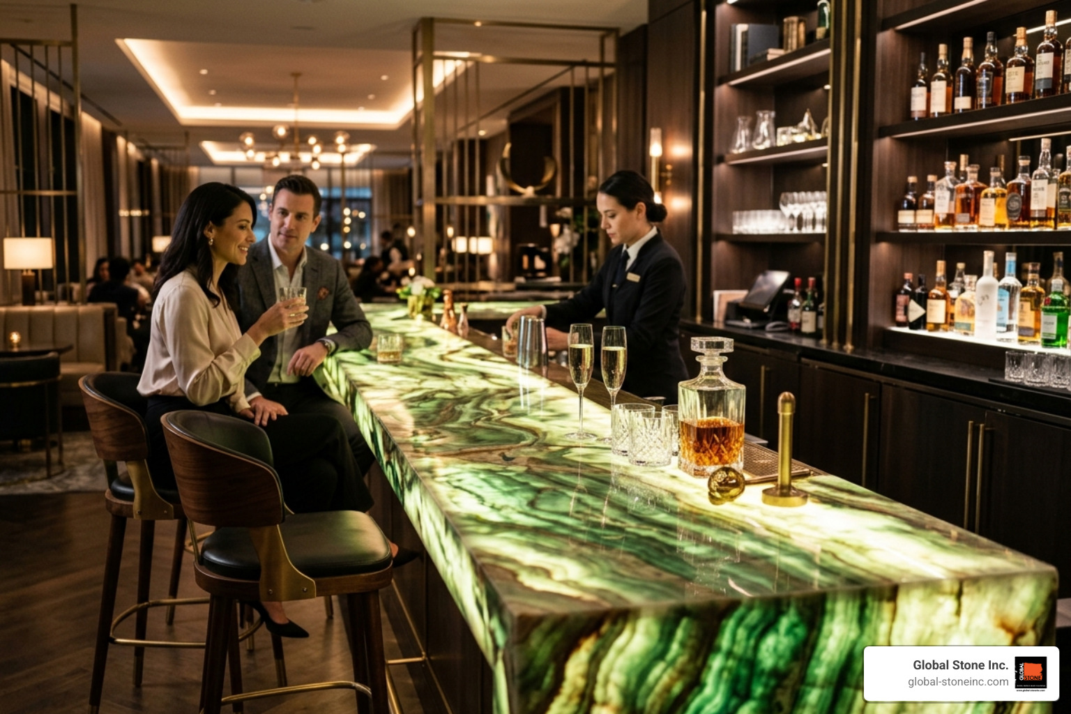 A stunning emerald green onyx bar top glowing with soft internal light - glowing onyx feature counters