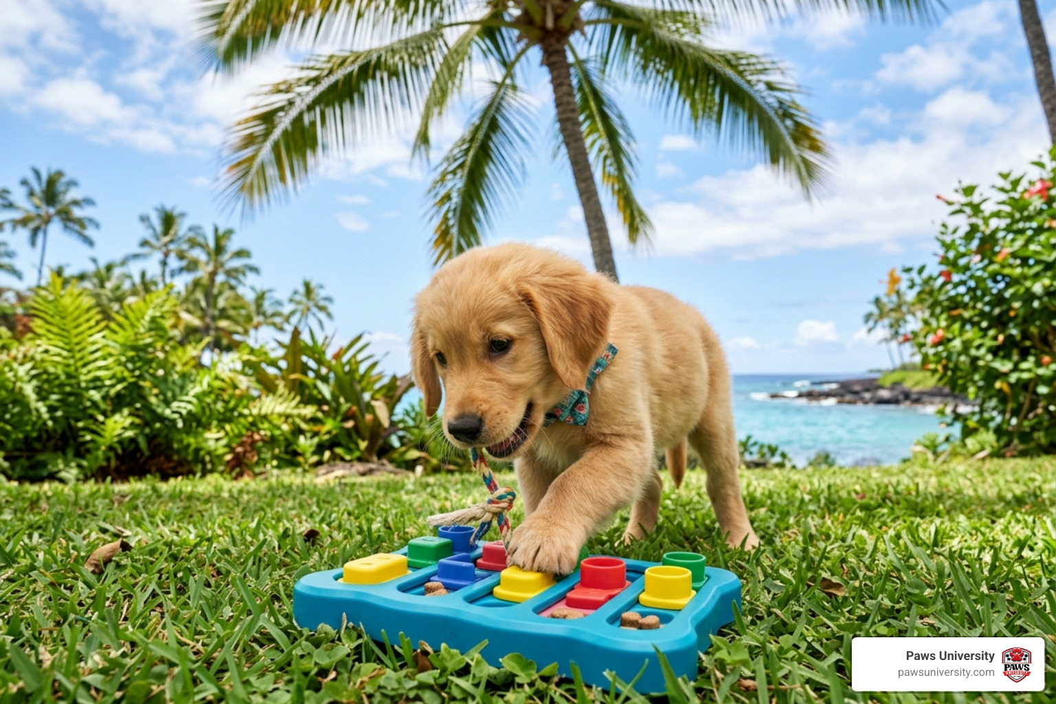Puppy engaging with a colorful puzzle toy under a swaying palm tree in Kona - how do i stop my puppy from growling and biting