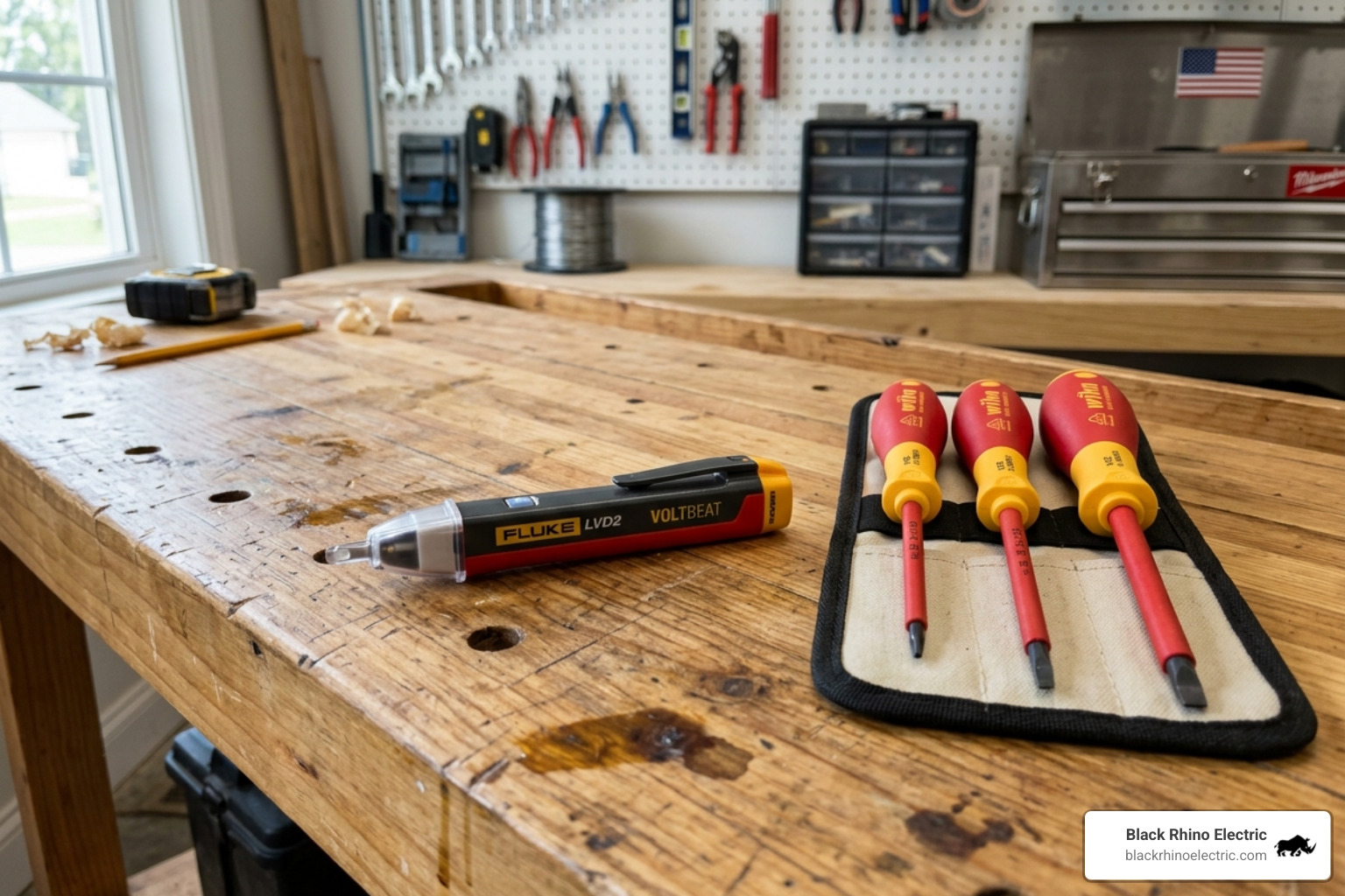 A non-contact voltage tester and insulated screwdrivers on a workbench - changing a gfci circuit breaker
