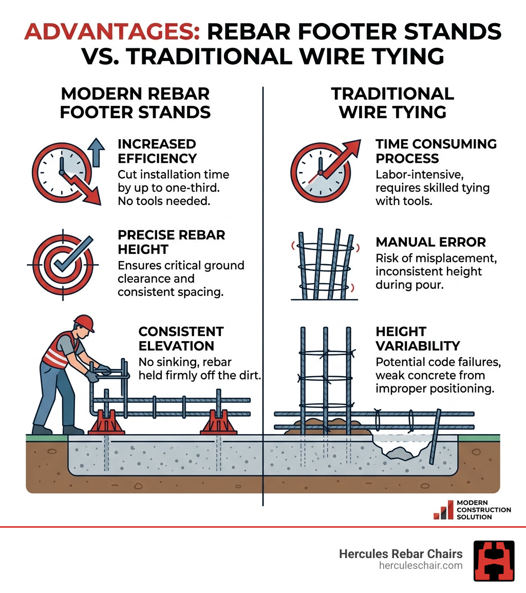 Benefits of rebar footer stands vs traditional wire tying in concrete construction - rebar footer stand infographic Benefits of rebar footer stands vs traditional wire tying in concrete construction - rebar footer stand infographic