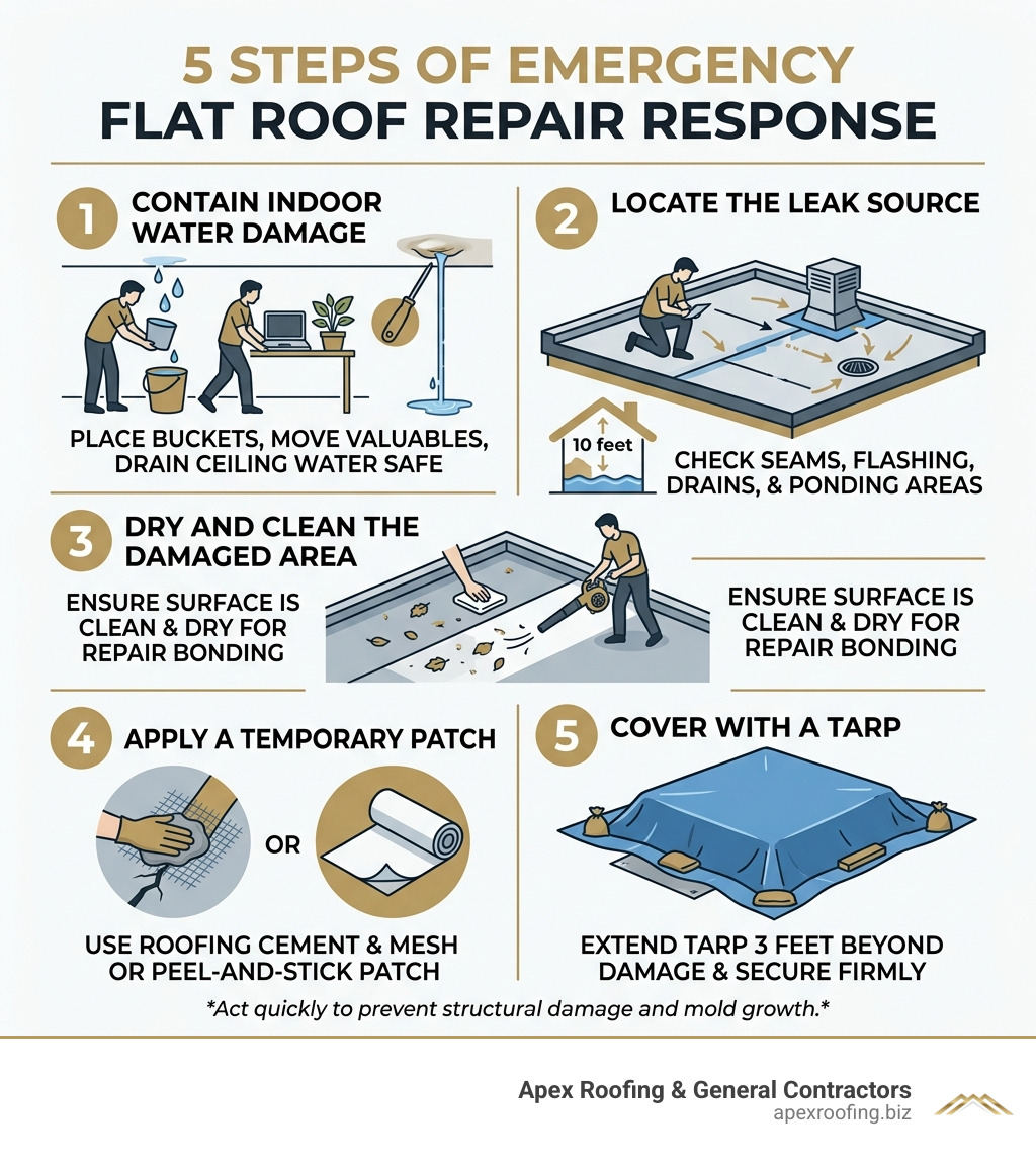 5 steps of emergency flat roof repair response infographic - emergency flat roof repair infographic 