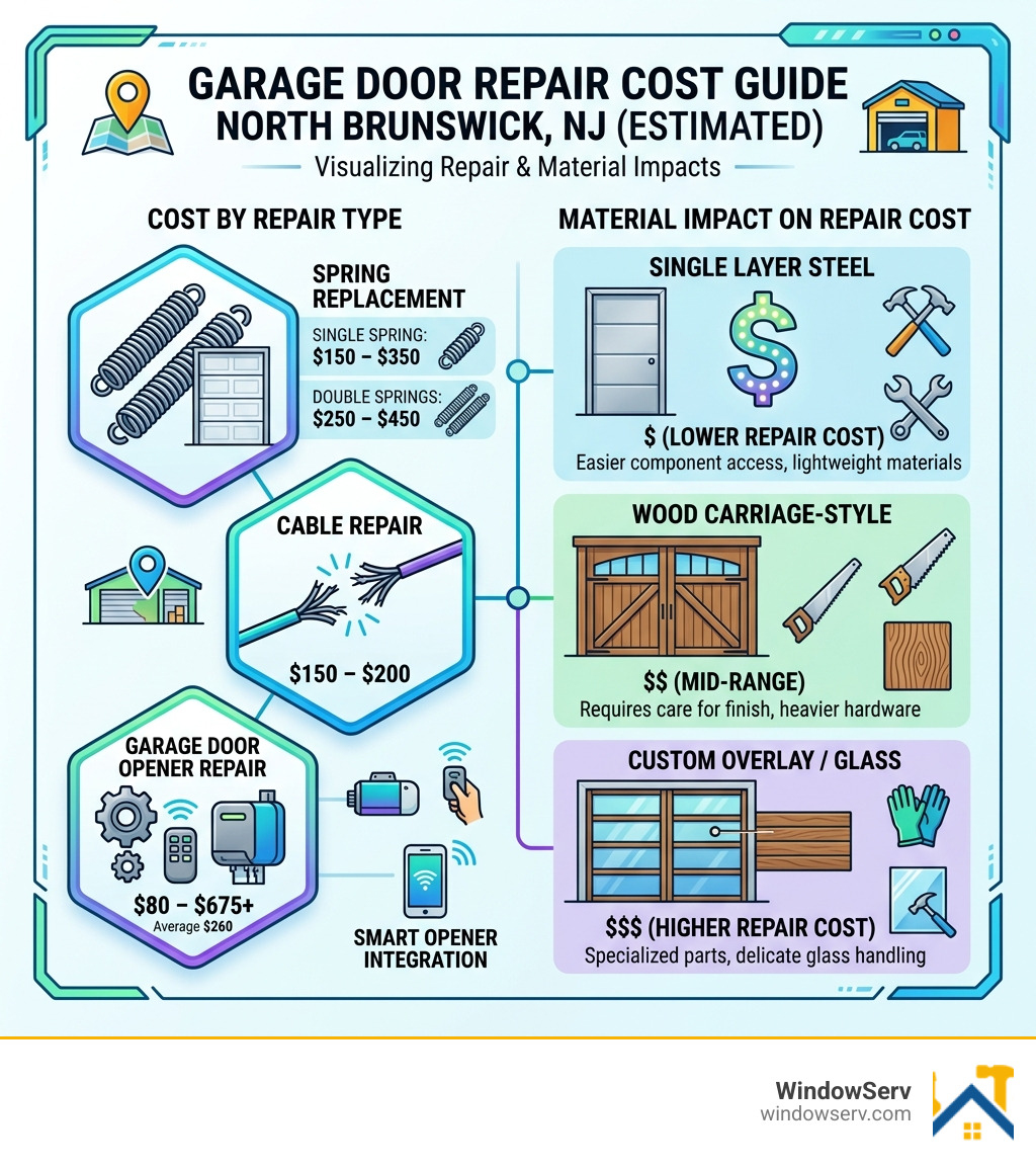 Garage door repair cost comparison by material and repair type - garage door repair north brunswick nj infographic 