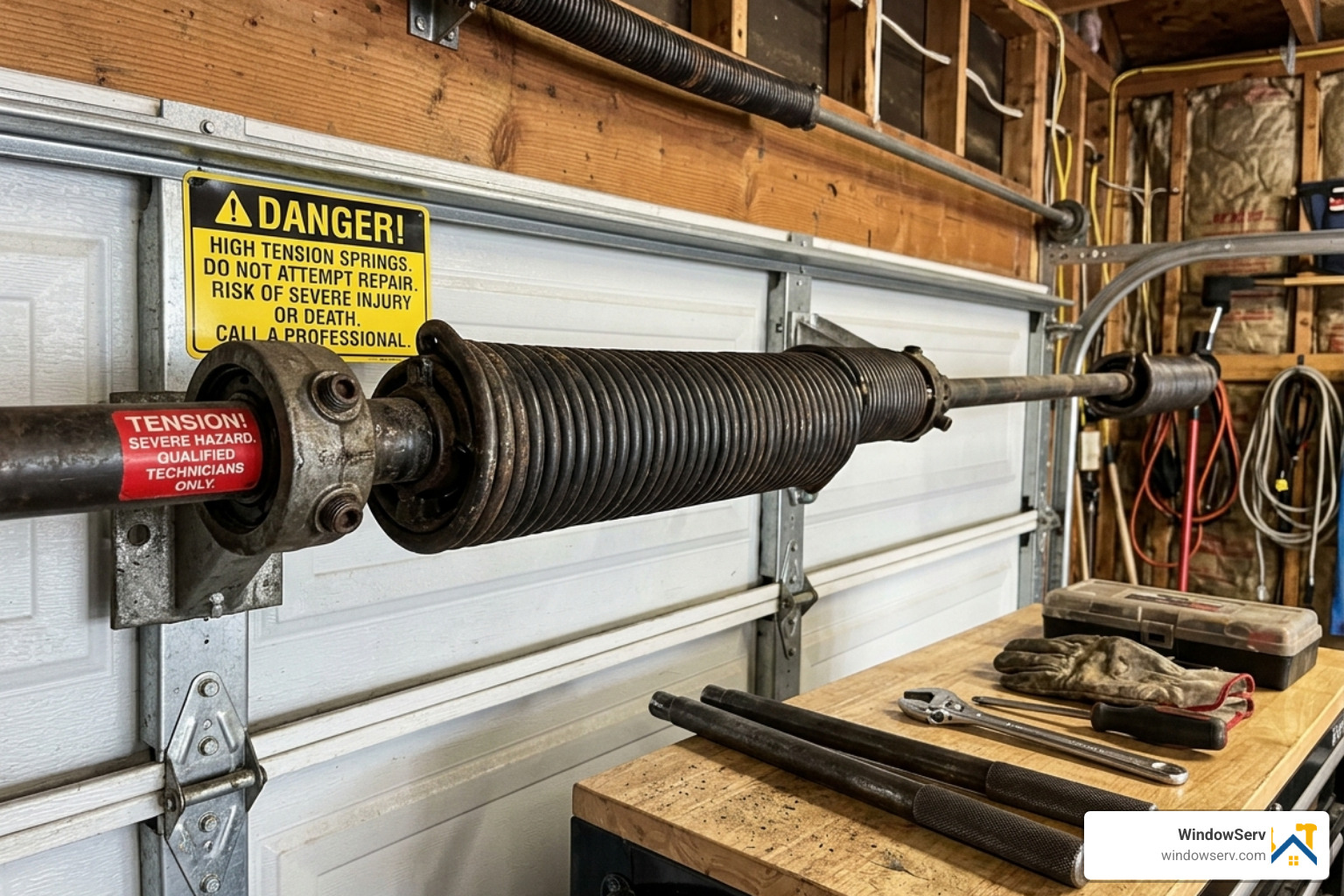 High-tension garage door springs showing the danger of DIY repair - garage door repair north brunswick nj
