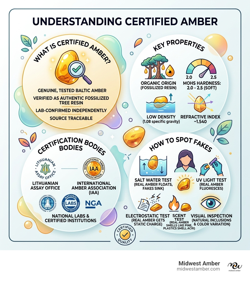 Infographic showing what certified amber is, key properties, certification bodies, and how to spot fakes - certified amber