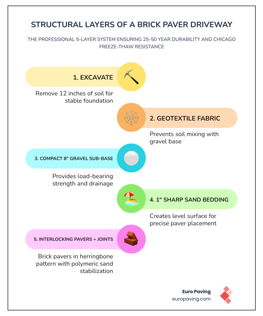 Infographic: structural layers of a brick paver driveway from soil to surface - brick paving a driveway infographic