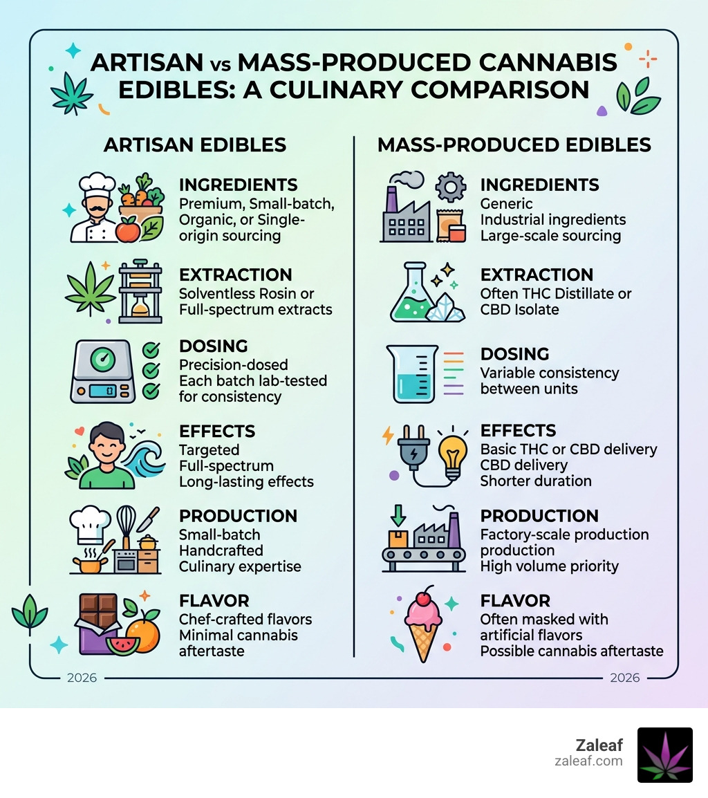 Infographic comparing artisan vs mass-produced cannabis edibles: ingredients, dosing, effects, and production - artisan
