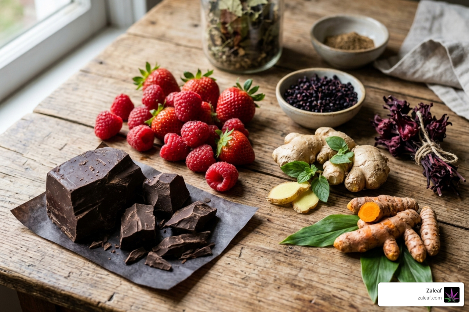 A collection of organic ingredients like dark chocolate, fresh berries, and botanical herbs used in artisan edibles