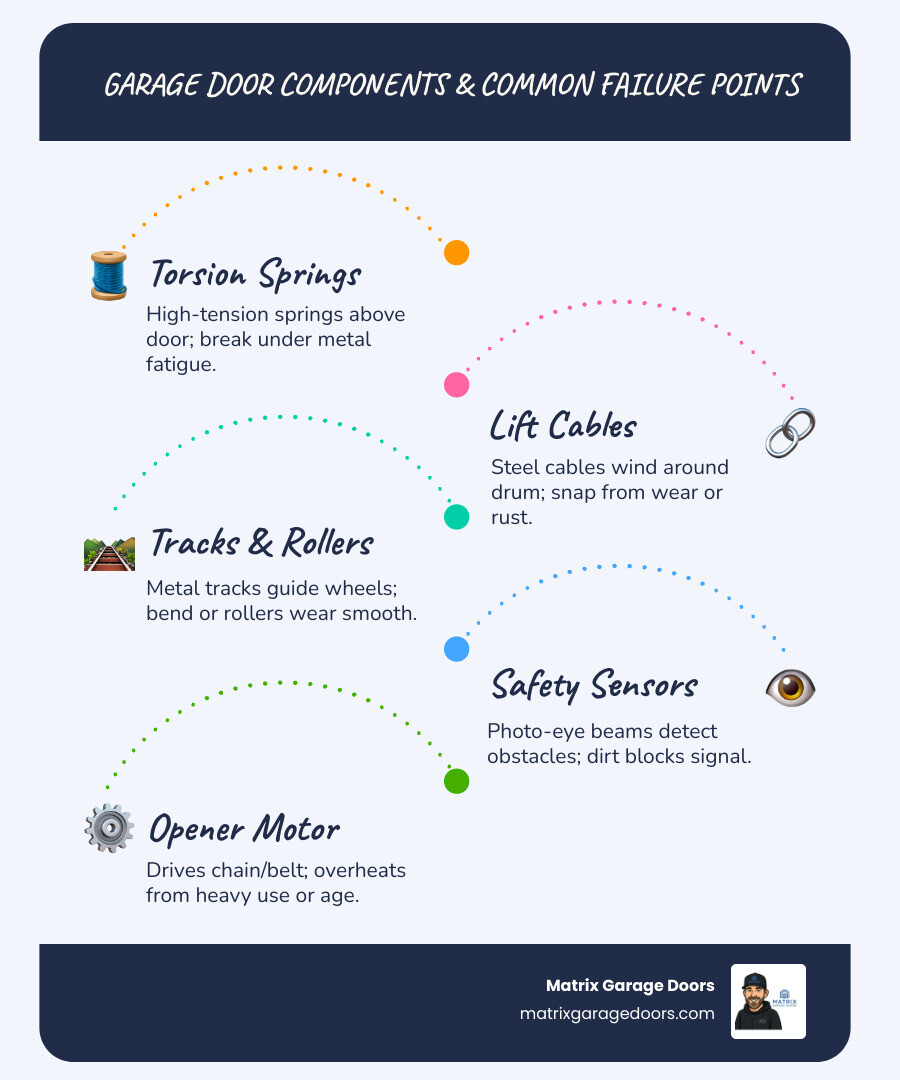 Infographic showing common garage door components and failure points in Hilliard OH homes - garage door repair hilliard oh