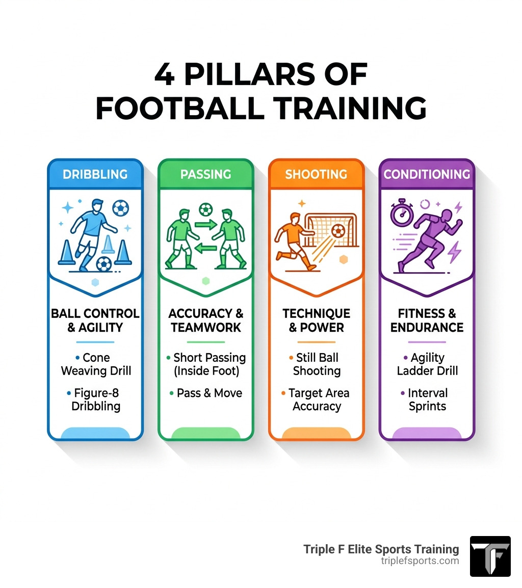 Infographic showing 4 pillars of football training: Dribbling, Passing, Shooting, and Conditioning with key drills for each Infographic showing 4 pillars of football training: Dribbling, Passing, Shooting, and Conditioning with key drills for each