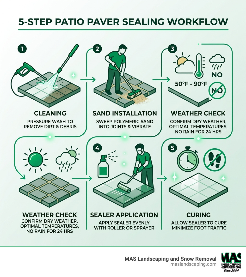 5-step patio paver sealing workflow infographic showing cleaning, sand installation, weather check, sealer application, and
