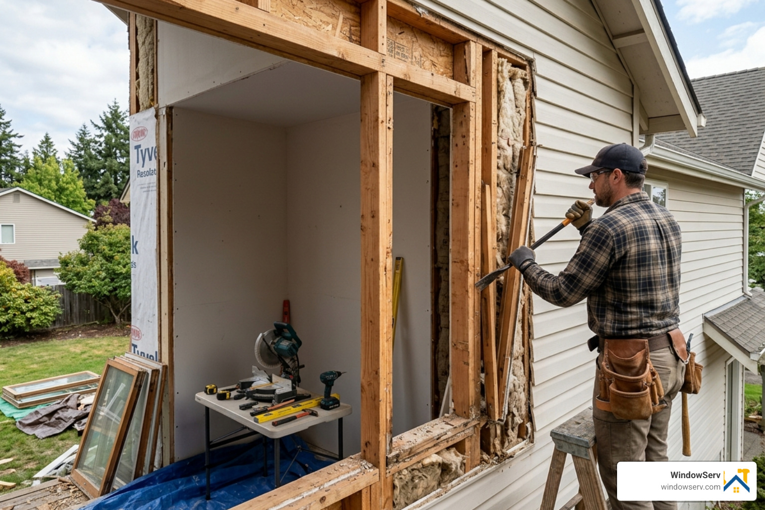 window frame being removed to the studs - custom frame window install