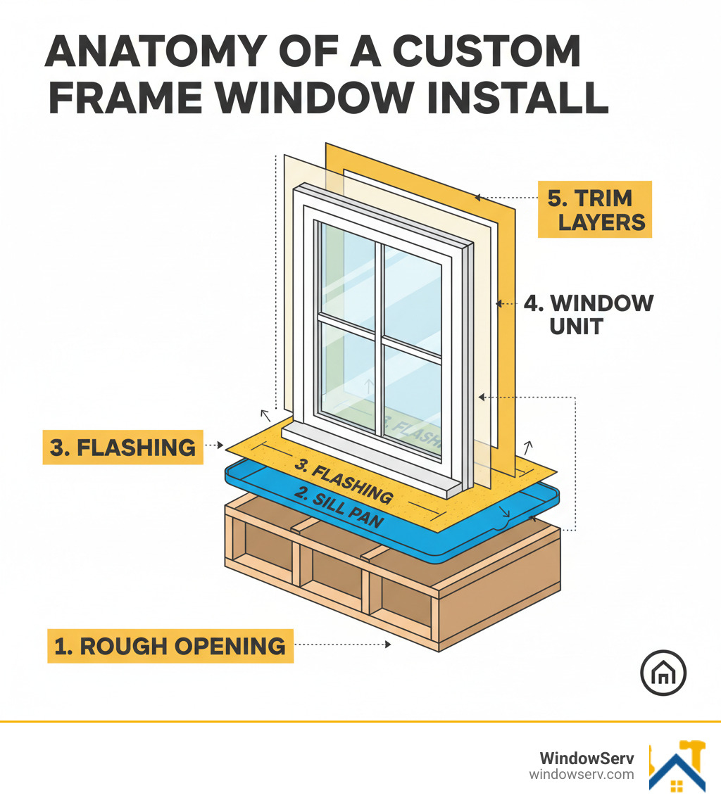 Anatomy of a custom frame window install: rough opening, sill pan, flashing, window unit, trim layers - custom frame window
