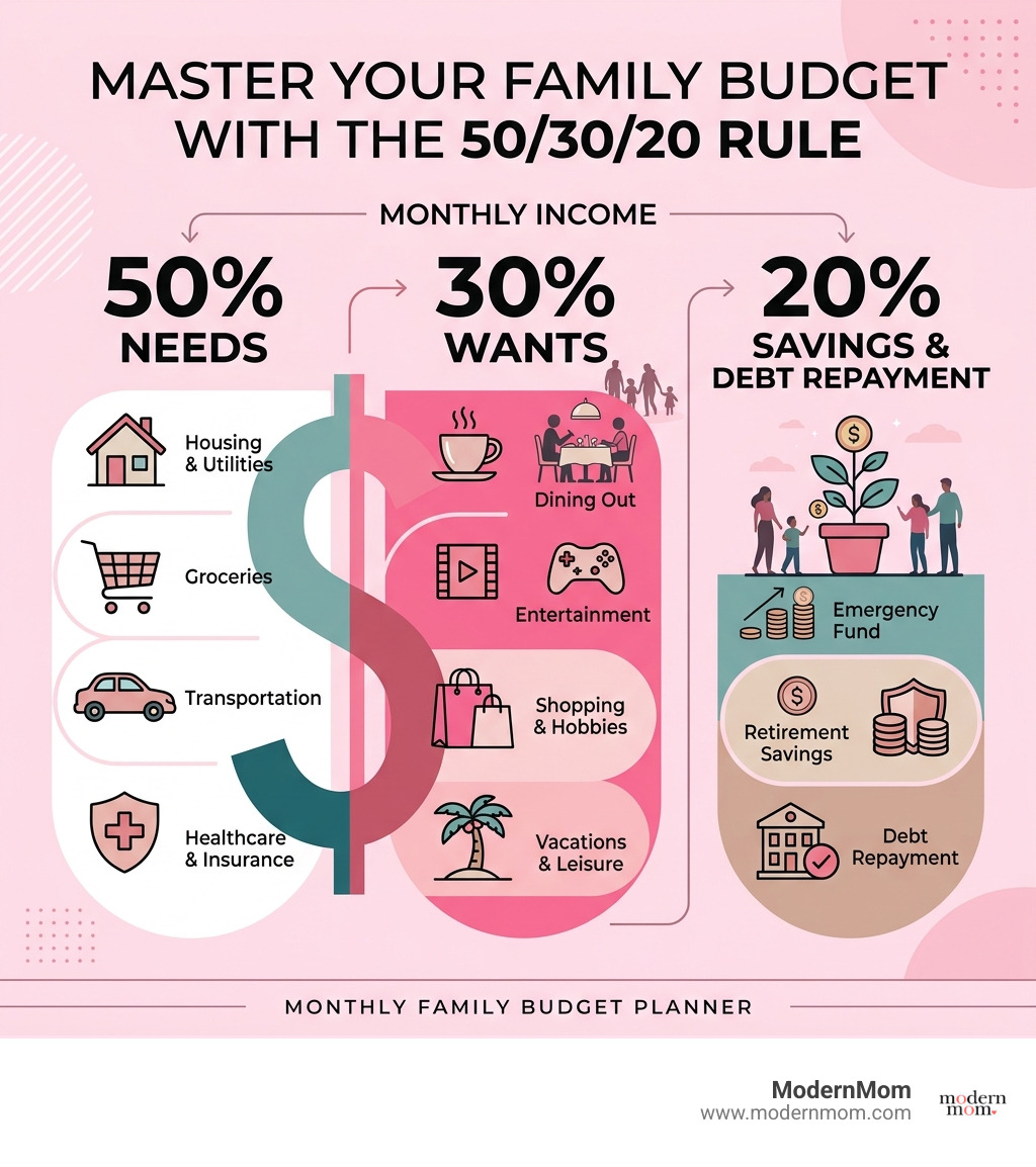 Infographic showing the 50/30/20 budgeting rule: 50% needs, 30% wants, 20% savings and debt repayment - monthly family Infographic showing the 50/30/20 budgeting rule: 50% needs, 30% wants, 20% savings and debt repayment - monthly family