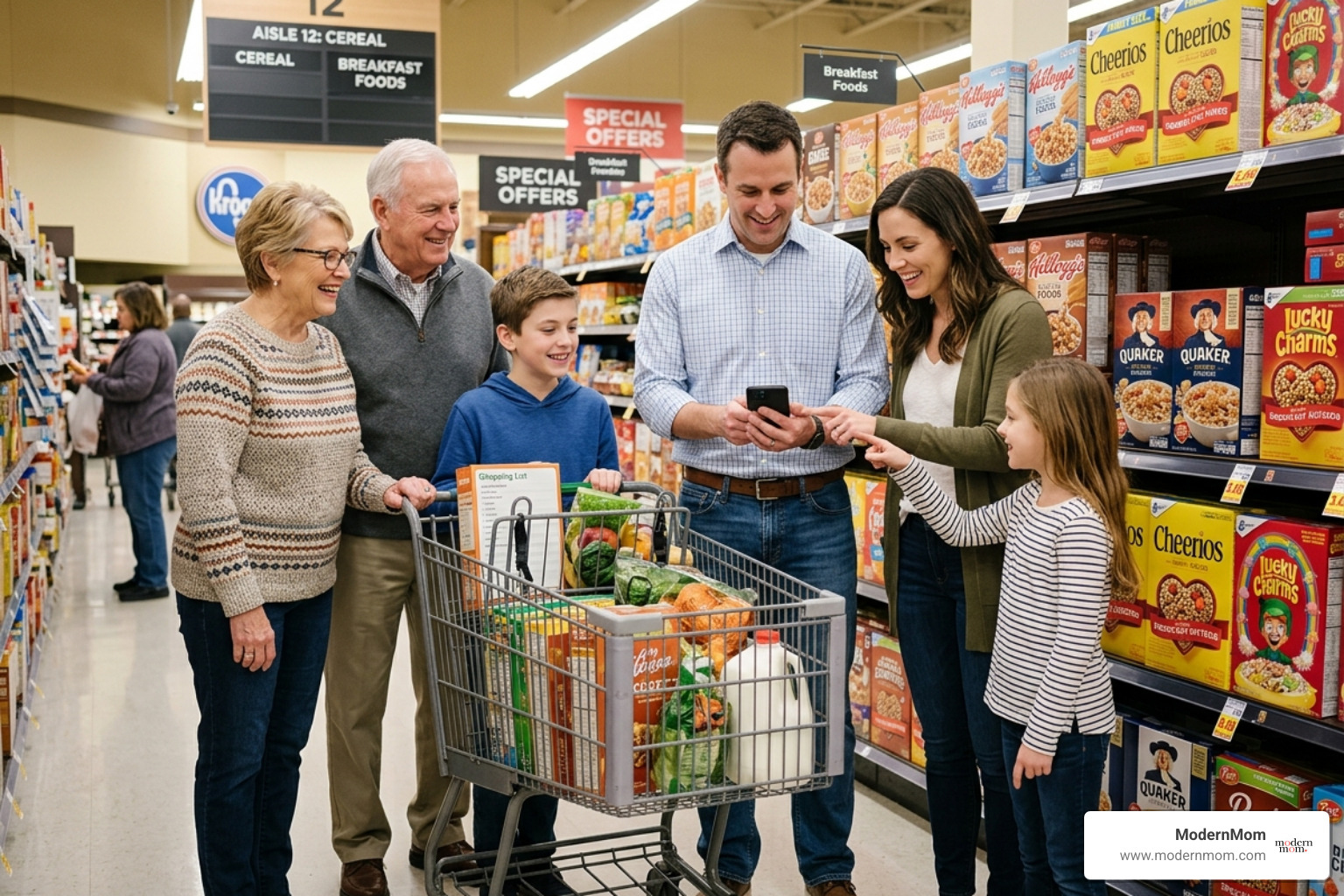 A family happily grocery shopping together, looking at their list and feeling in control of their spending - monthly family A family happily grocery shopping together, looking at their list and feeling in control of their spending - monthly family
