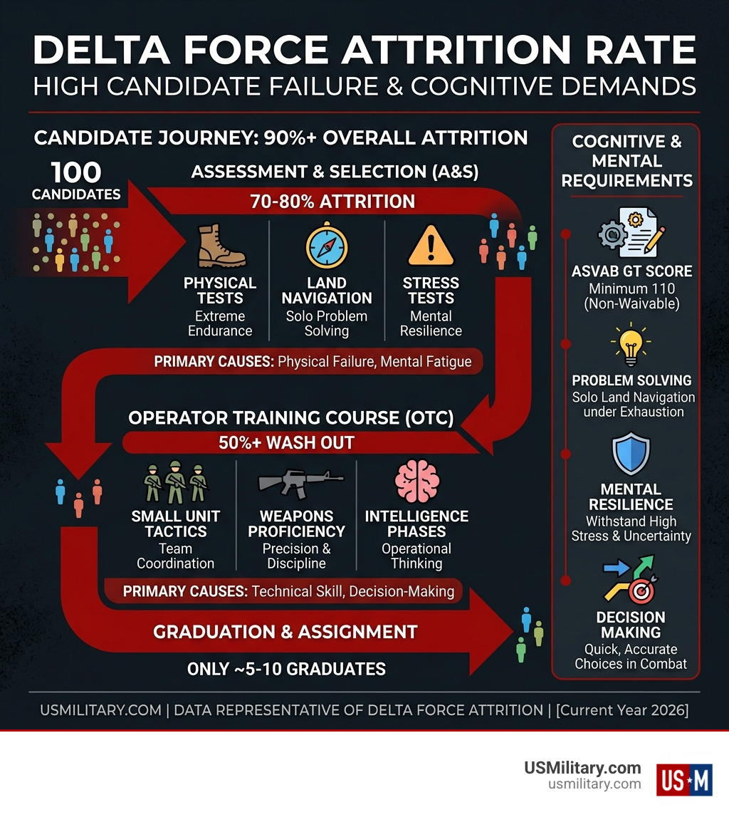 Infographic showing Delta Force 90% attrition rate broken down by selection phase and cognitive requirements - Is