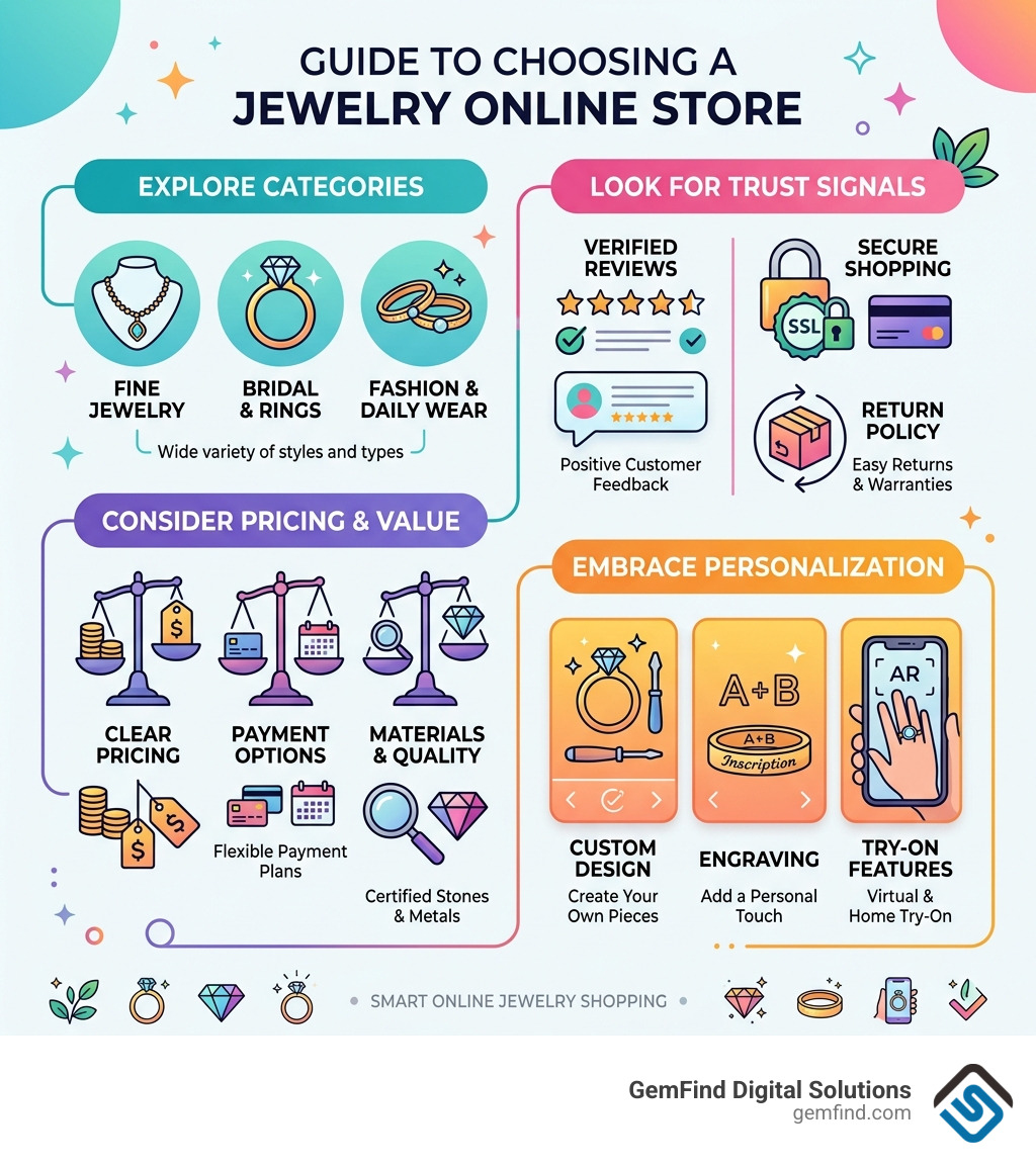 Infographic showing how to choose a jewelry online store: categories, trust signals, pricing, and personalization - jewelry