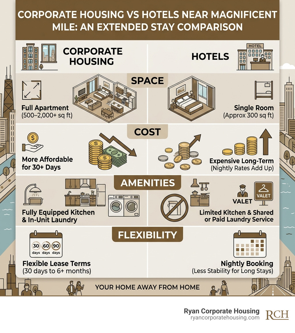 Infographic comparing corporate housing vs hotels near Magnificent Mile: space, cost, amenities, flexibility - corporate