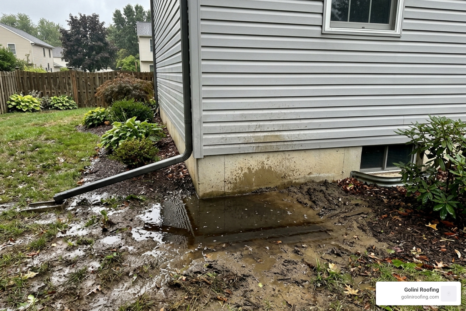 water pooling near a home foundation due to poor drainage - downspout gutter repair water pooling near a home foundation due to poor drainage - downspout gutter repair