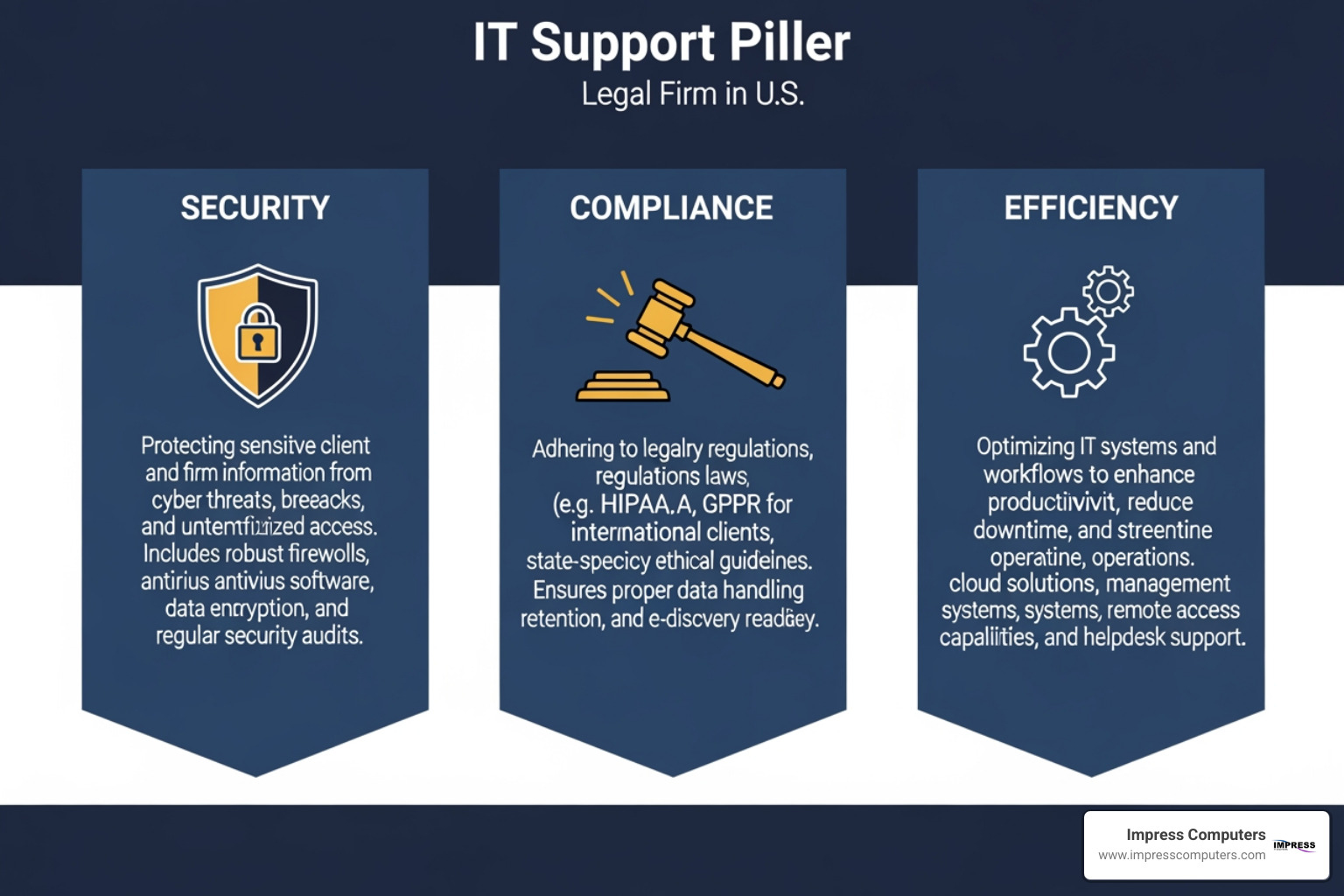 Infographic showing the three pillars of legal firm IT support: Security, Compliance, and Efficiency - legal firm it support Infographic showing the three pillars of legal firm IT support: Security, Compliance, and Efficiency - legal firm it support