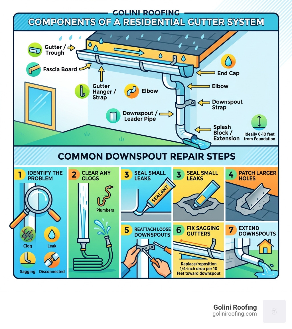 Infographic showing components of a residential gutter system and common downspout repair steps - downspout gutter repair Infographic showing components of a residential gutter system and common downspout repair steps - downspout gutter repair