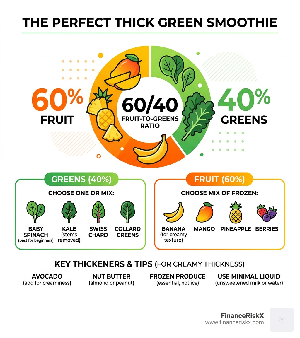 Infographic showing the 60/40 fruit-to-greens ratio for a perfect thick green smoothie with key ingredients - perfect thick Infographic showing the 60/40 fruit-to-greens ratio for a perfect thick green smoothie with key ingredients - perfect thick