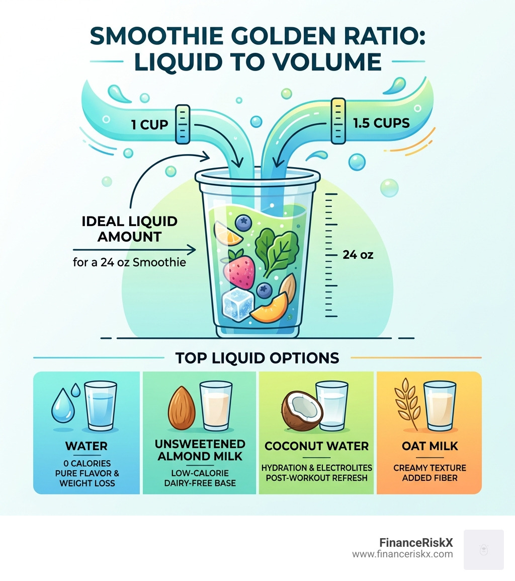 Infographic showing the Golden Ratio of 1 to 1.5 cups liquid per 24 oz smoothie with top liquid options - best liquid for