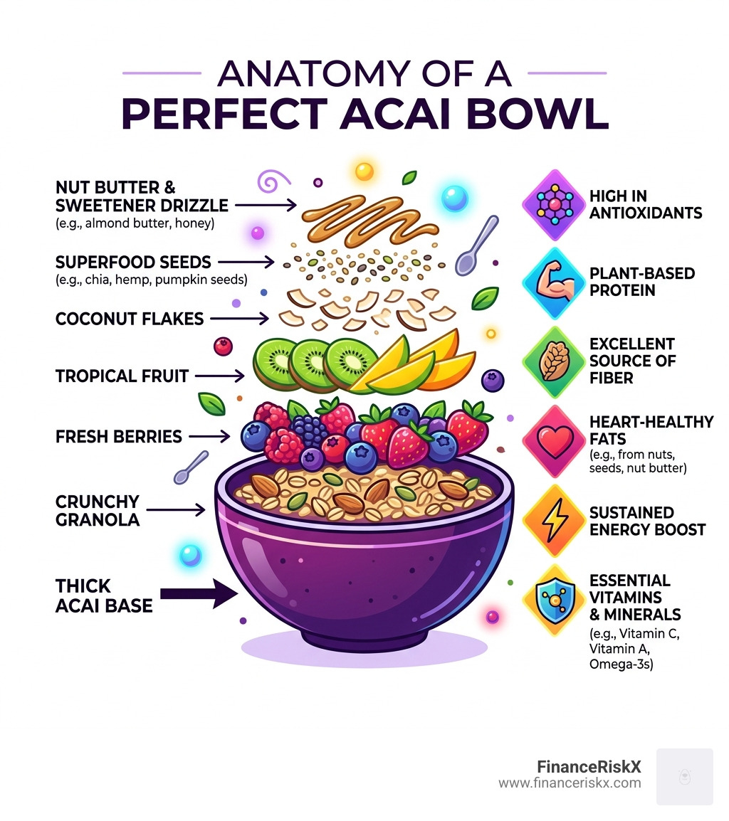 Anatomy of a perfect acai bowl with labeled topping layers and nutritional highlights - acai bowl topping ideas infographic 