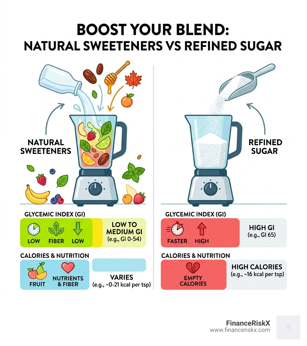 Infographic comparing glycemic index and calories of natural sweeteners vs. refined sugar in smoothies - natural sugar