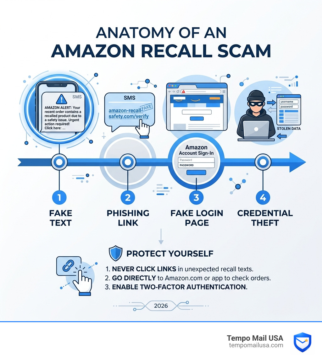 Anatomy of an Amazon recall scam infographic: fake text, phishing link, fake login page, credential theft - amazon recall Anatomy of an Amazon recall scam infographic: fake text, phishing link, fake login page, credential theft - amazon recall