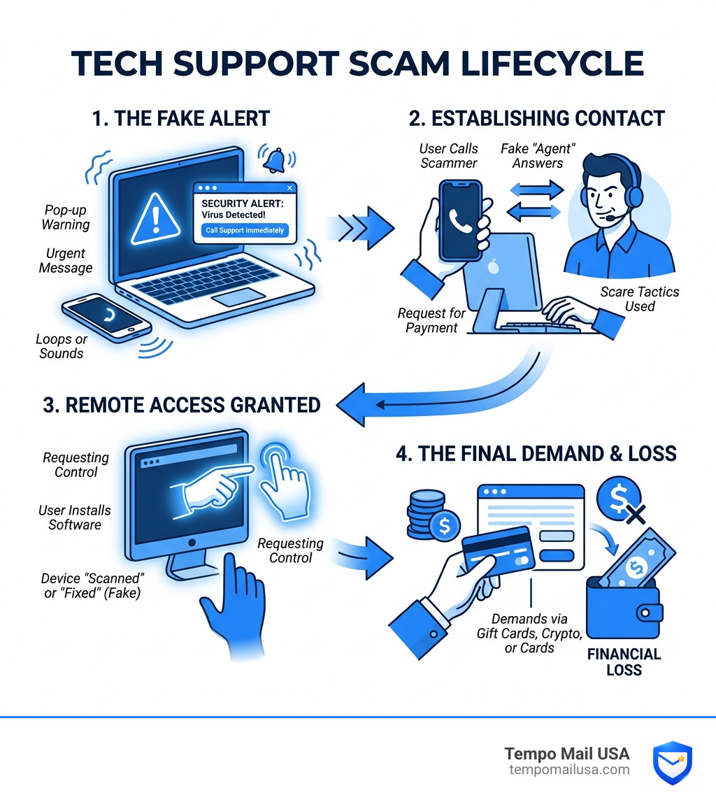 Tech support scam lifecycle from fake alert to financial loss - microsoft security alert scam infographic Tech support scam lifecycle from fake alert to financial loss - microsoft security alert scam infographic