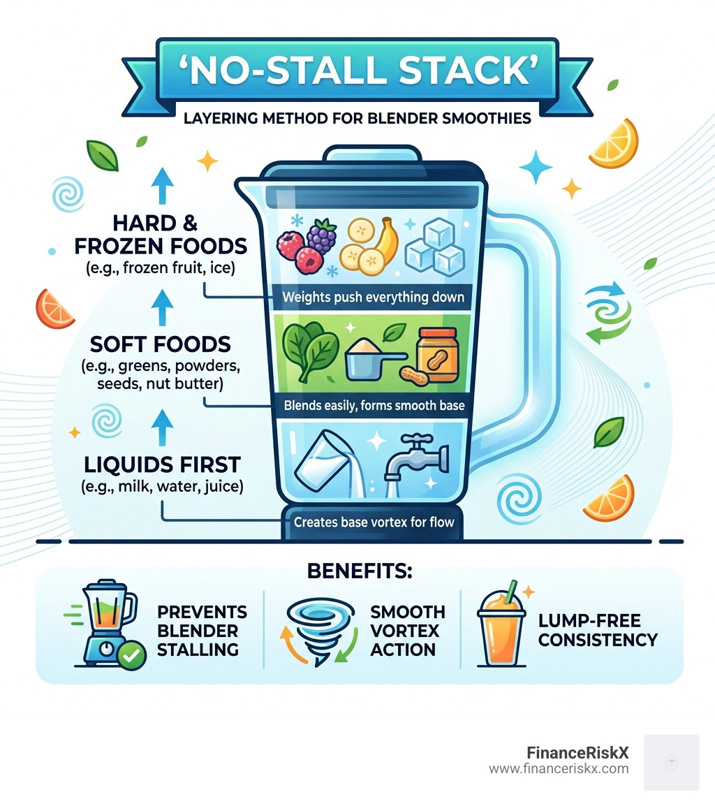 No-Stall Stack layering method infographic for blender smoothie serving tips - blender smoothie serving tips infographic 