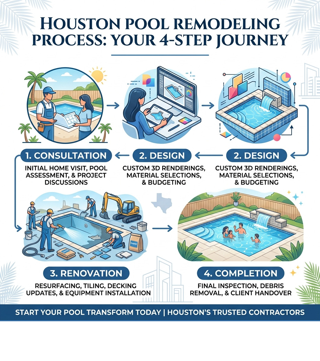 4-step Houston pool remodeling process infographic: consultation, design, renovation, completion - houston pool remodeling 4-step Houston pool remodeling process infographic: consultation, design, renovation, completion - houston pool remodeling